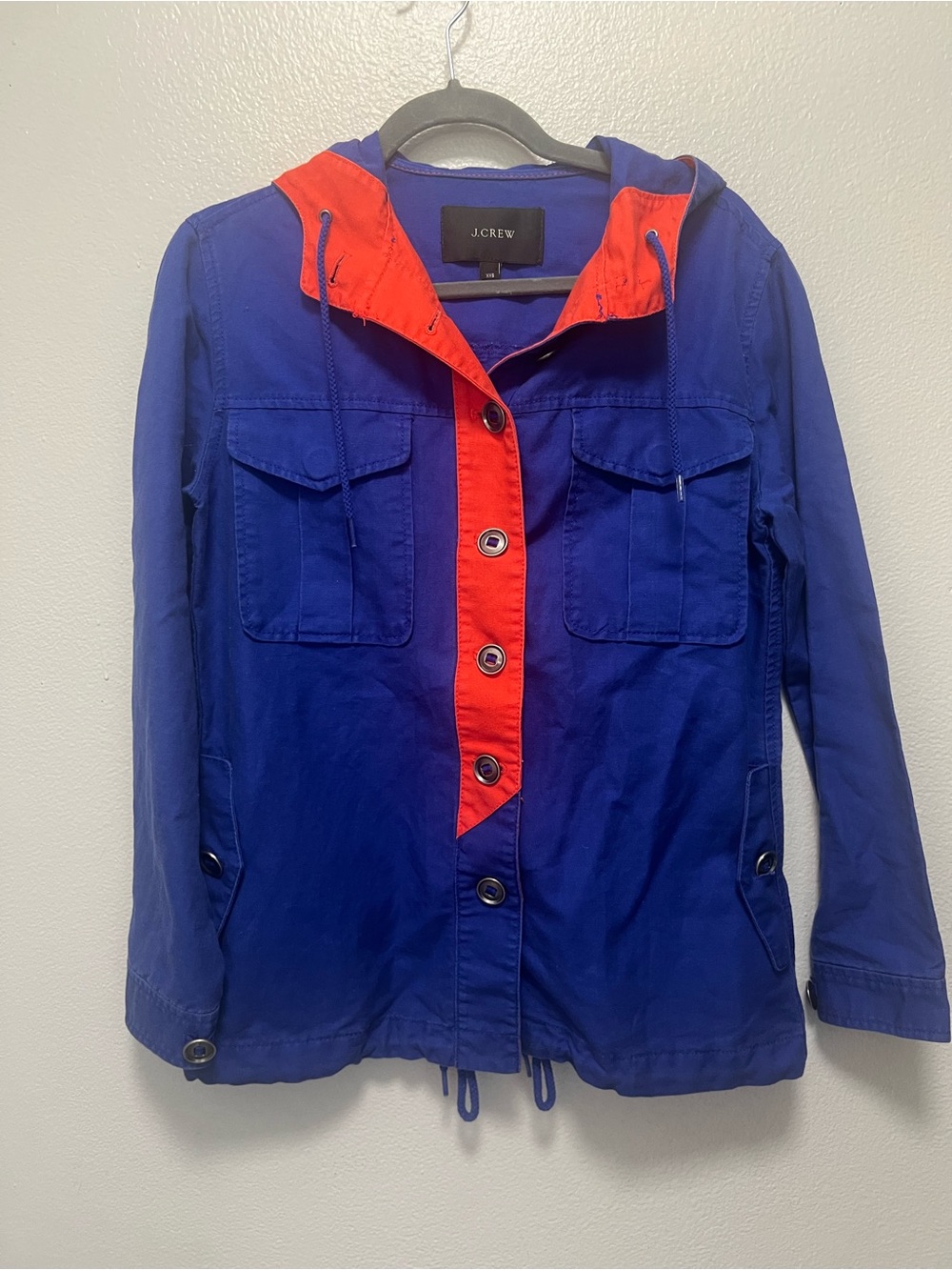 XXS cotton/linen J. Crew Women's Blue Hooded Anorak jacket with orange Trim
